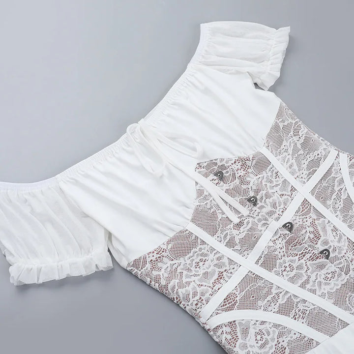 Off-the-shoulder balloon mini dress with lace trim - Fudge