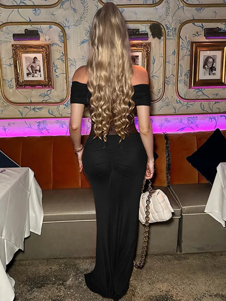 שמלת מקסי כיווצים כתפיים חשופות בעיצוב רשת - רונה