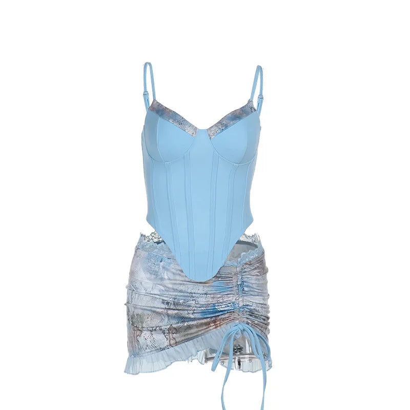 סט שני חלקים טופ מחוך וחצאית מיני כיווצים בעיצוב ANIMAL PRINT  - טינה