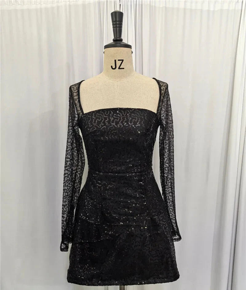 שמלת מיני בעיטור פייטים מנצנצים בגזרת A שרוולי רשת - Skylar