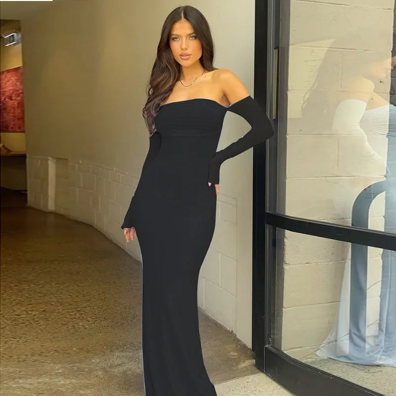 שמלת מקסי כתפיים חשופות שרוולי שיפון פעמון - YANA