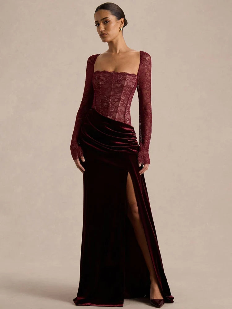 Velvet maxi dress with a lace corset design - CORI