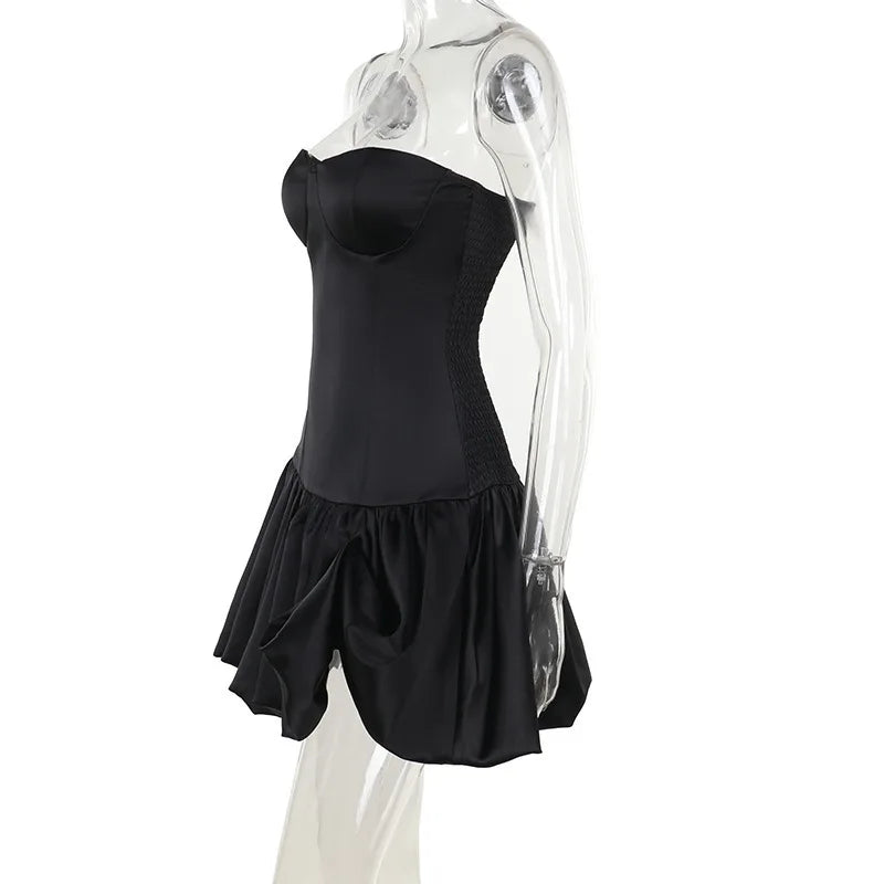 שמלת מיני סאטן סטרפלס בעיצוב בלון כיווצים - BELLEN