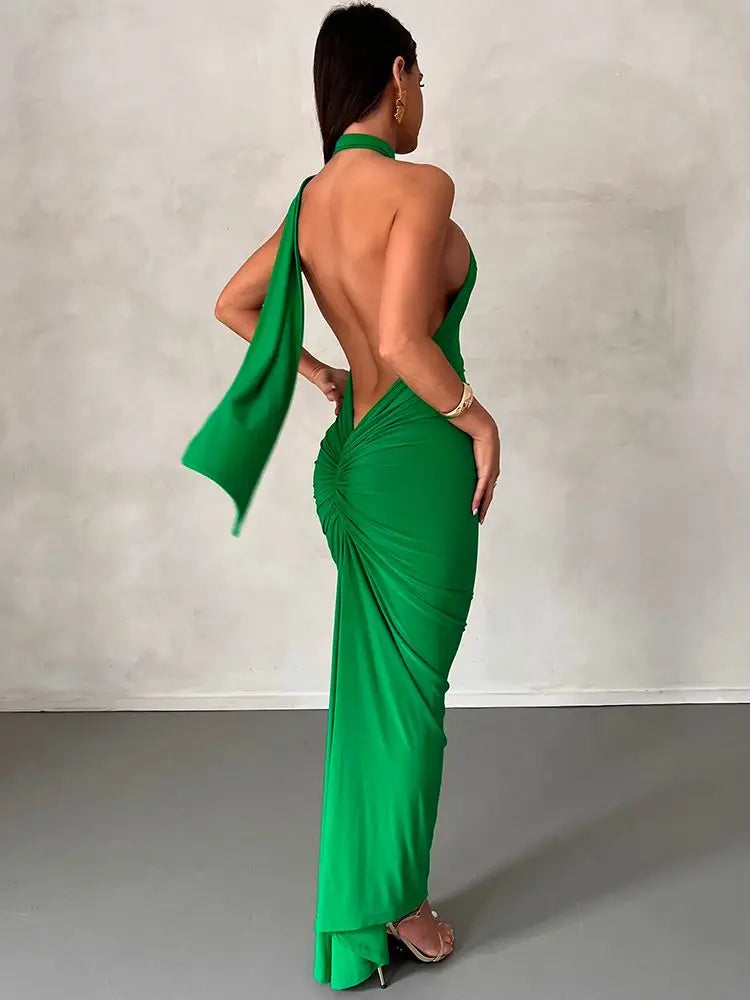 שמלת מקסי גב פתוח צעיף אלגנטי - רוסליה