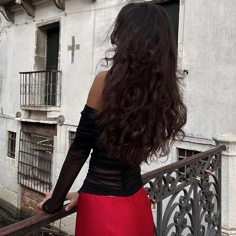 חולצה שקופה כתפיים חשופות בעיטור פרח - חסמין