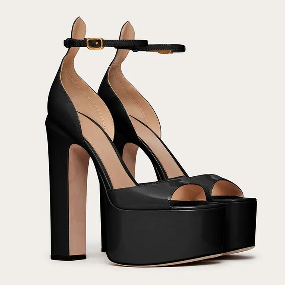 Shiny Faux Leather Platform Heel Sandals - Push
