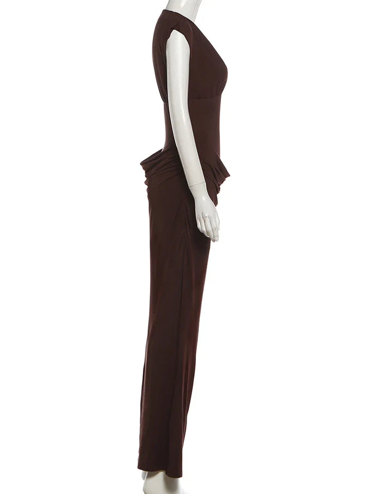 Maxi dress with pleats and gathers, V-neckline - Pearly