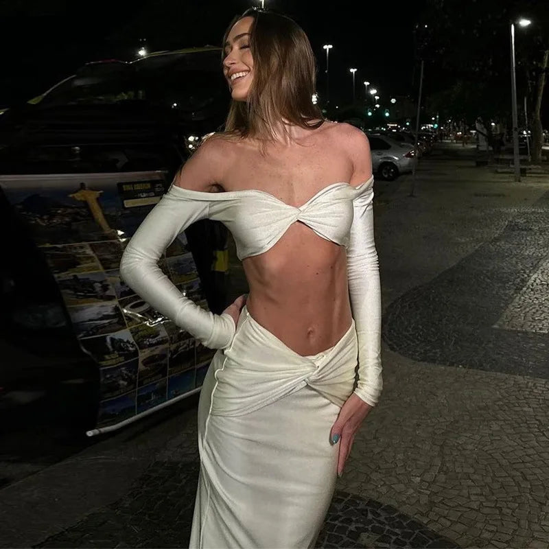 סט שני חלקים בעיצוב כיווצים חצאית מקסי וטופ כתפיים חשופות - Kailani