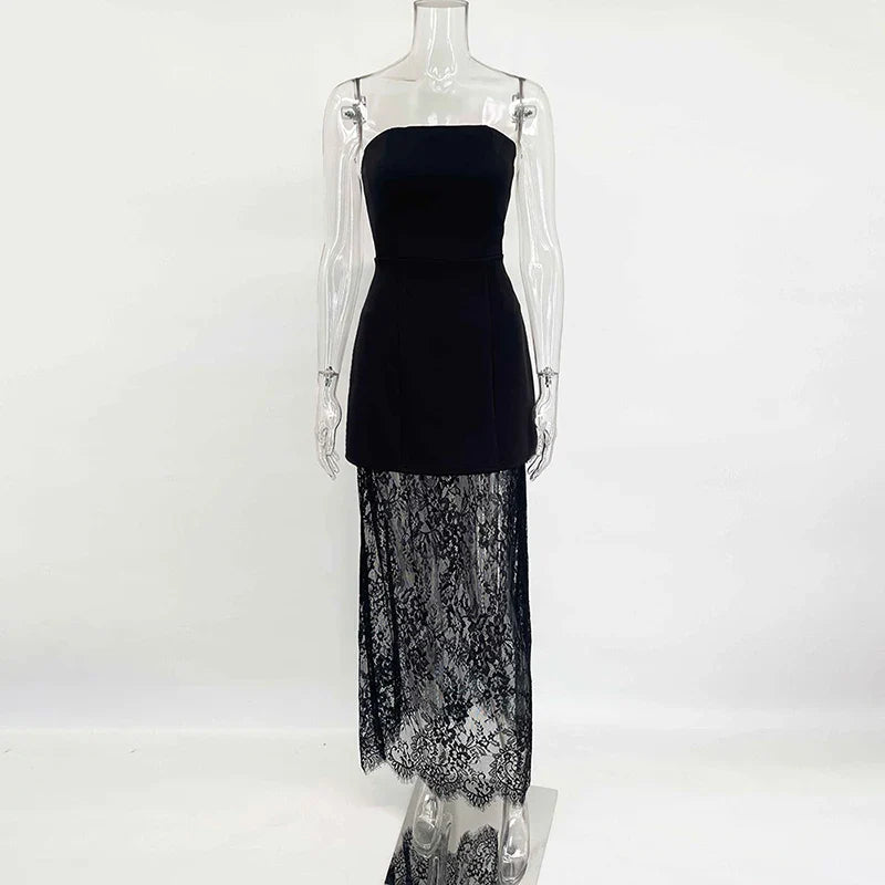 סט שני חלקים אלגנטי טופ סטרפלס וחצאית מקסי תחרה - ג'ולין