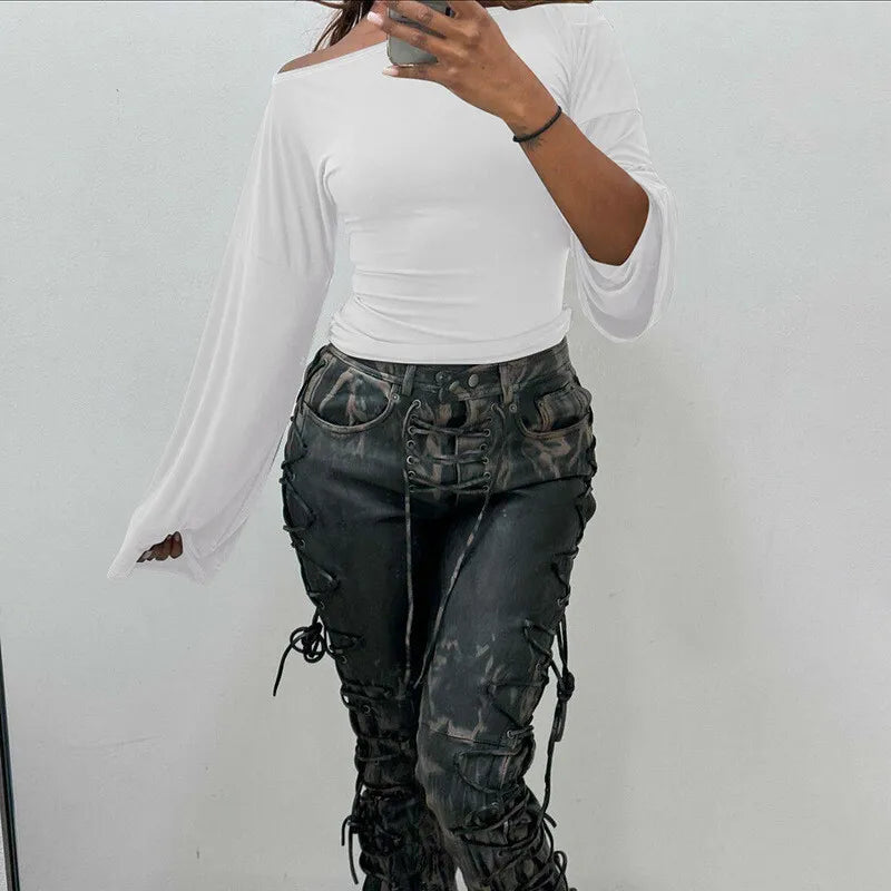 חליפת שני חלקים טייץ שלושת רבעי בעיצוב קשירה וחולצת שרוולי פעמון - קנדי