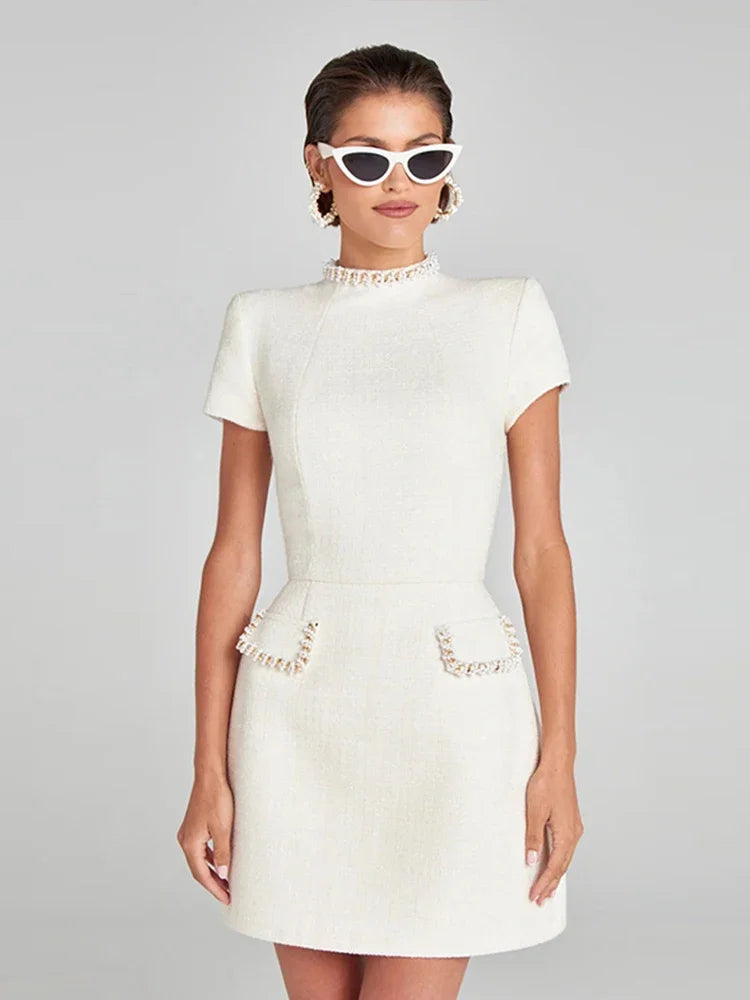 שמלת מיני אלגנטית שרוול קצר/ארוך סגנון מחויט בד ארוג בעיטור נצנצים ופנינים - Lucia