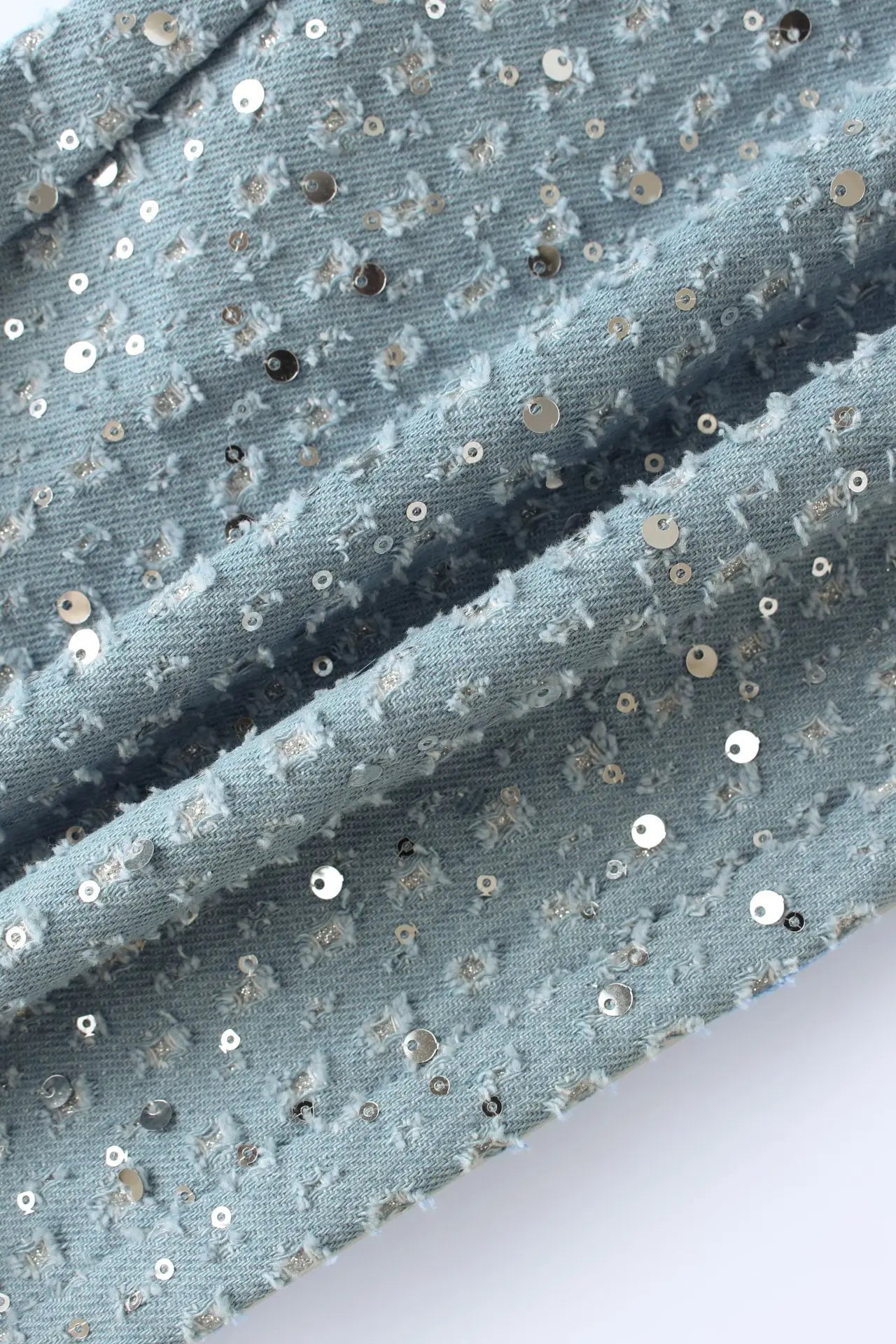 חליפת דנים 2 חלקים מנצנצת בעיטור פייטים טופ סטרפלס וחצאית מיני / מכנסיים גזרה נמוכה - ג'יי