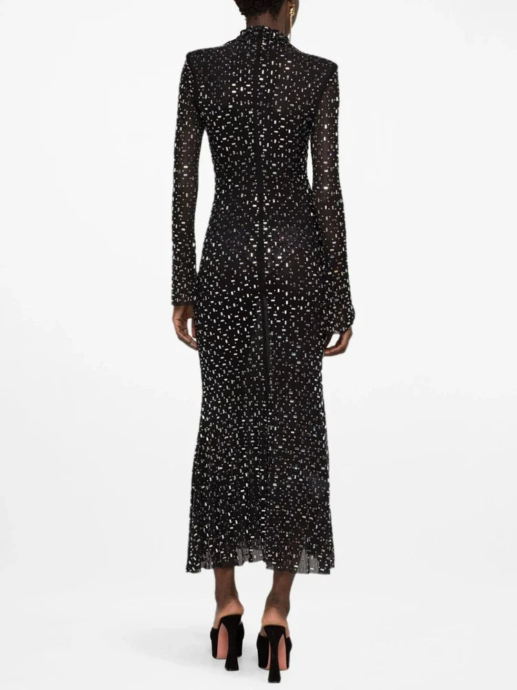 Luxurious maxi evening dress with sparkling diamond embellishment and turtleneck - Emerson