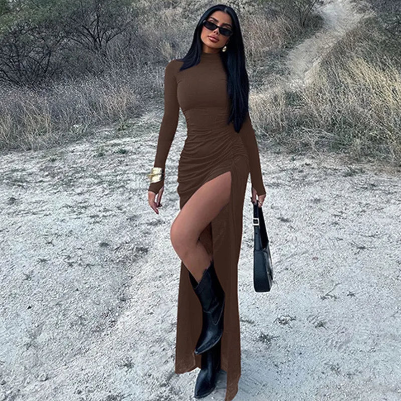 שמלת מקסי כיווצים צווארון גולף בעיצוב שסע עמוק - סאשה