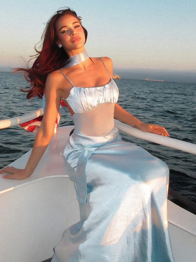 שמלת מקסי סאטן בעיטור רשת וצעיף תואם - סלסטה