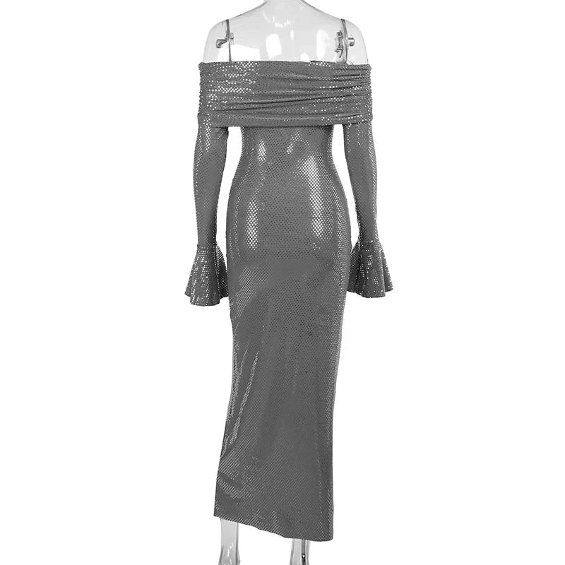 שמלת מקסי כתפיים חשופות בעיטור נקודות מנצנצות - LENA