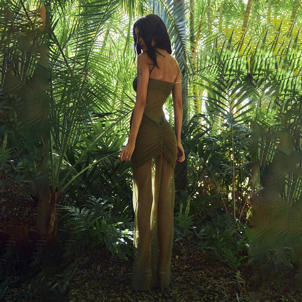 שמלת סטרפלס מקסי רשת נצנצים בעיטור כיווצים - Haisley