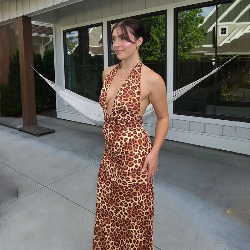 שמלת מקסי מנומרת קשירה בצוואר - RONA