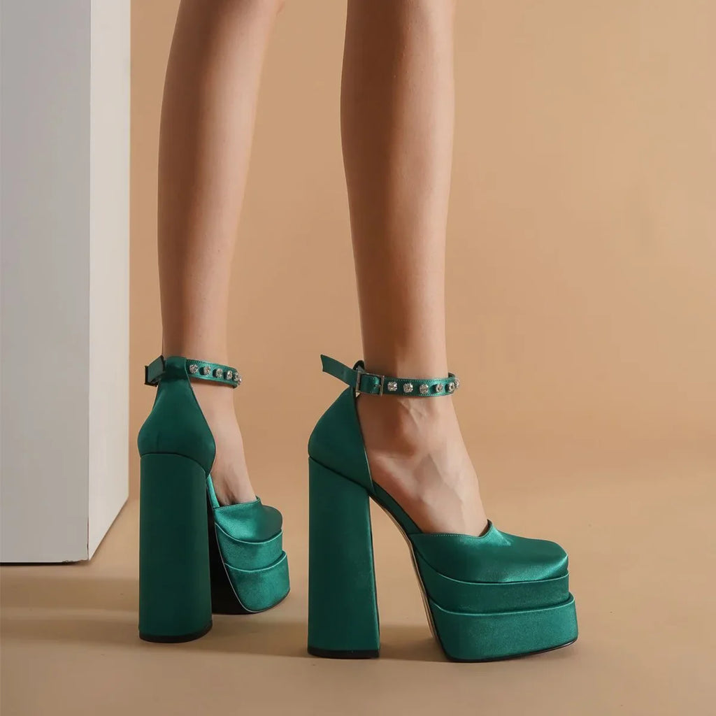 נעלי בובה עקב פלטפורמה בד משי סאטן בעיטור יהלומים - מליס