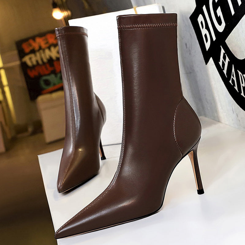 Faux leather heeled boots with warm fur lining - DORI