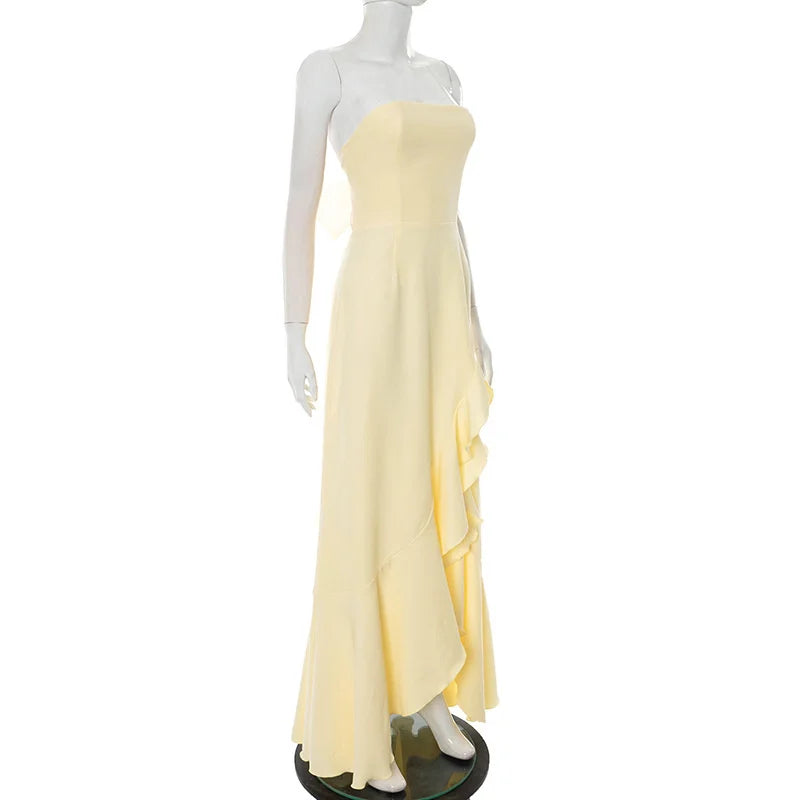 שמלת מקסי סטרפלס מלמלה בעיטור שסע קשירה בגב - ריקה