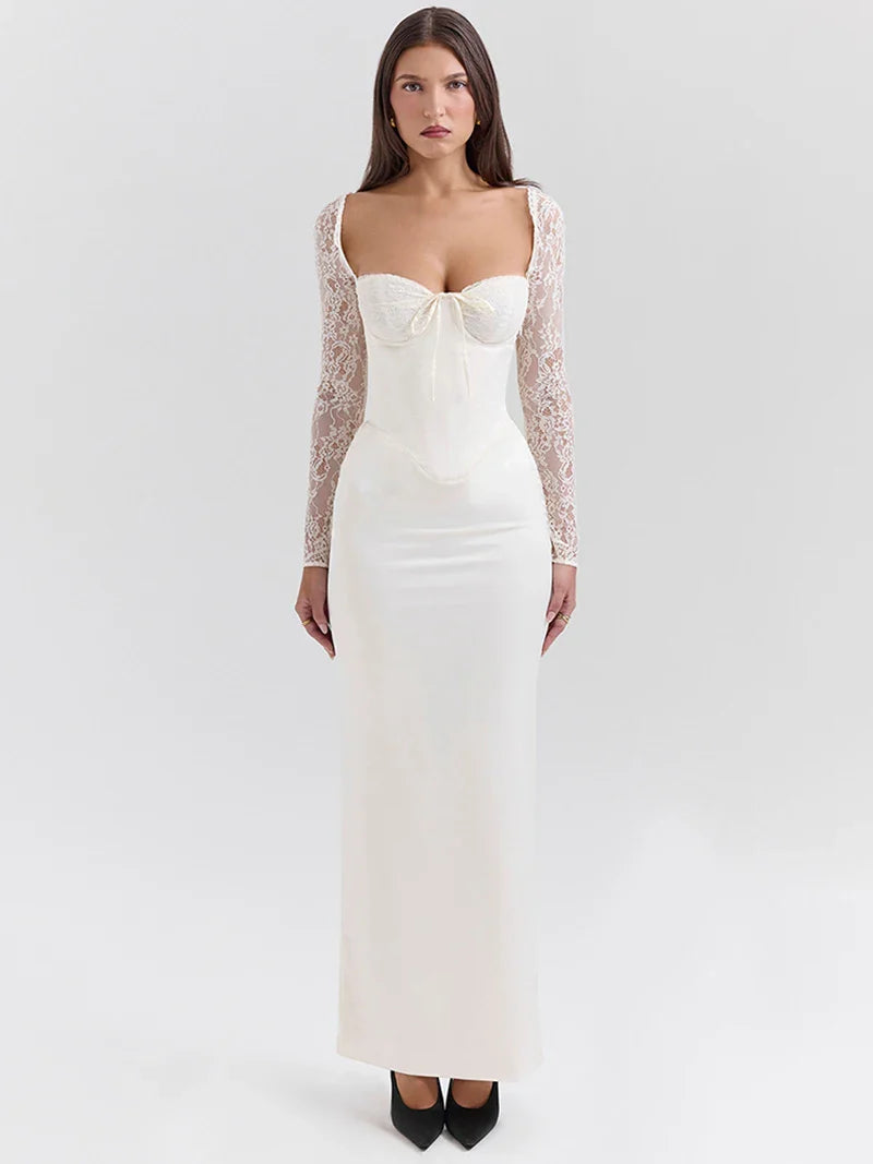 שמלת מקסי סאטן בעיצוב מחוך בעיטור תחרה - ג'ויה