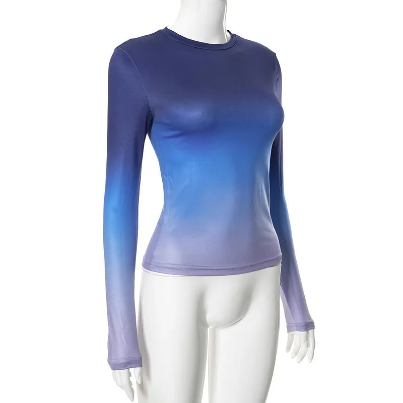 חולצת סתיו דקה שרוולים ארוכים בעיצוב אומברה צבעים - סייאנה