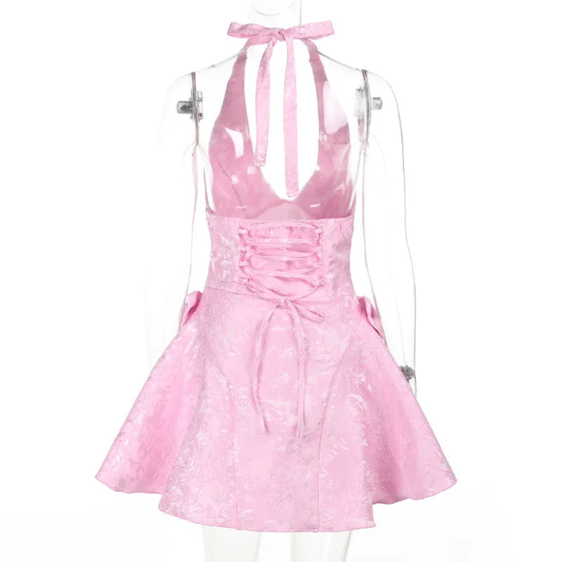 שמלת מיני בגזרת A קשירה בצוואר בעיצוב רקמת איורי פרחים בעיטור פפיונים - קרולינה