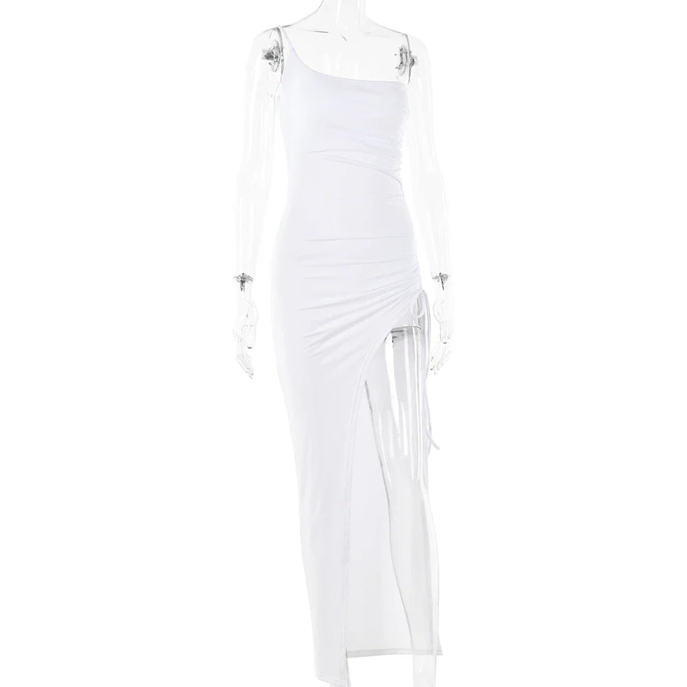 שמלת מקסי כיווצים כתפיה אחת בעיצוב חוטי קשירה להתאמת השסע - ליב