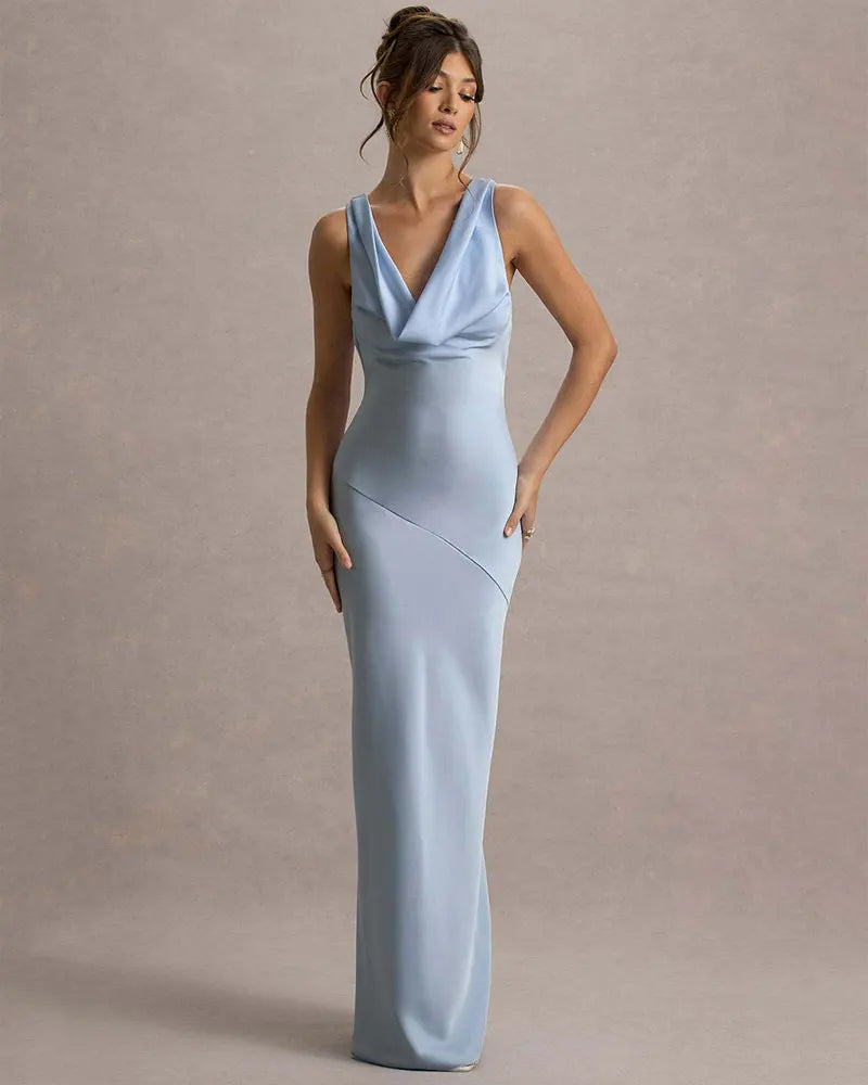 שמלת מקסי סאטן בעיצוב צווארון נופל וגב פתוח - אלקסיס
