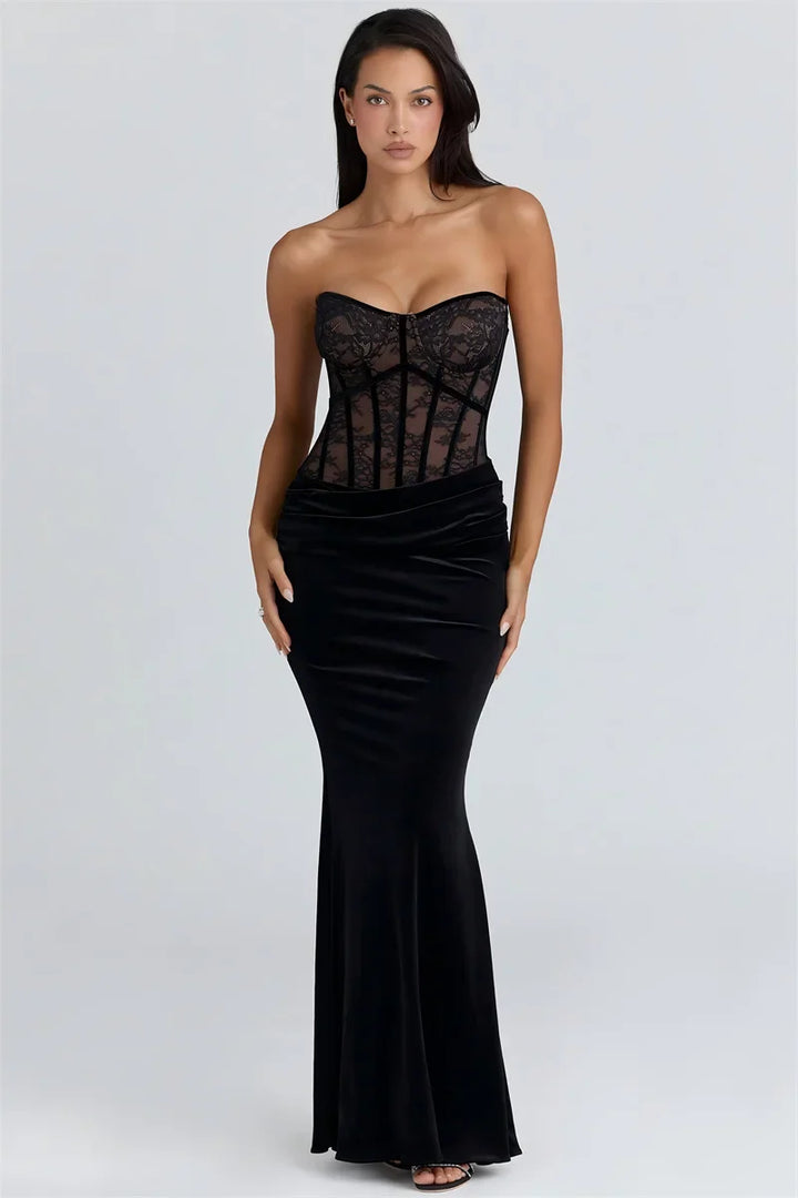 Strapless velvet maxi dress with lace bodice design and matching top - Isabella