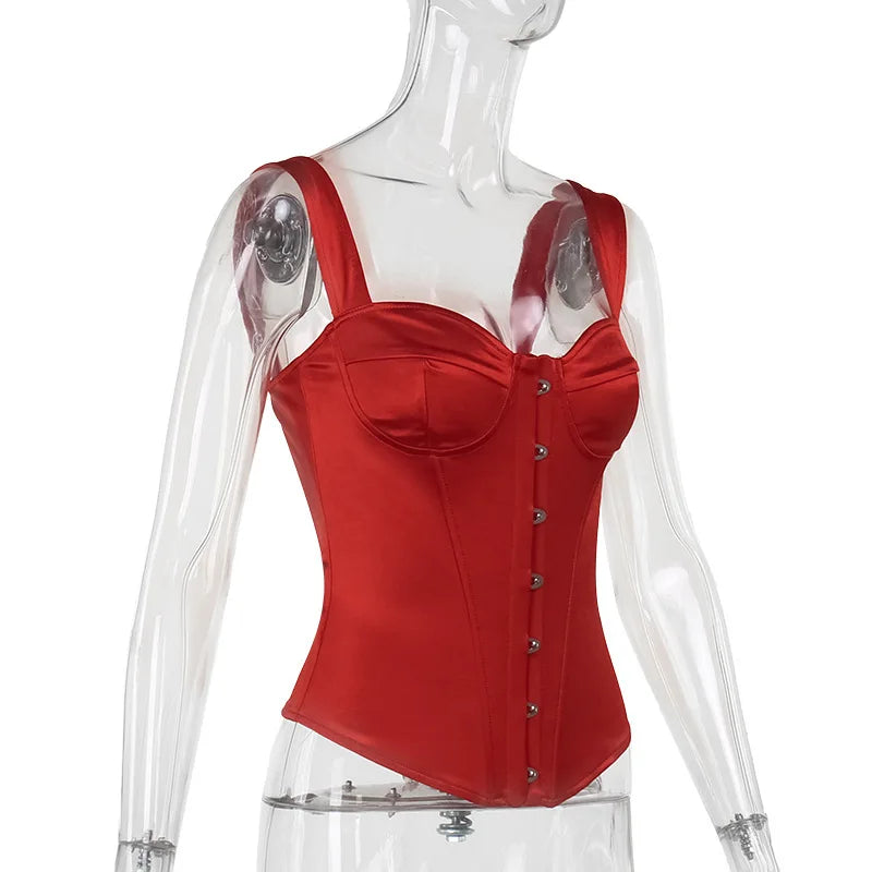 קרופ טופ סאטן בעיטור כפתורים - סיינה