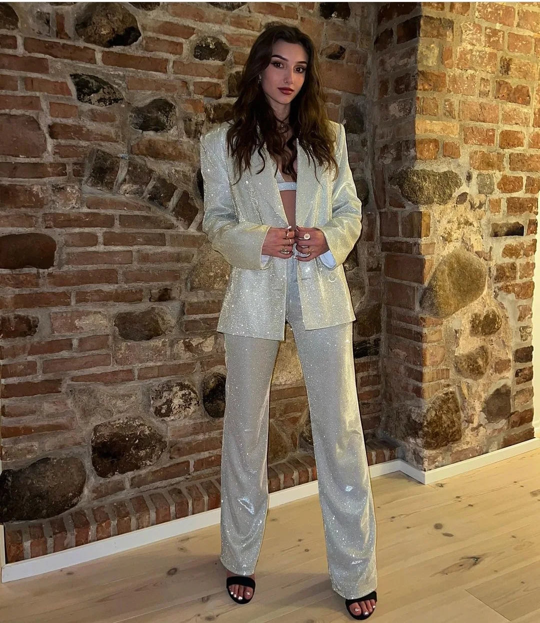 חליפת נצנצים 3 חלקים גוזיה בלייזר ומכנסיים גזרה גבוהה ארוכים - פאשה