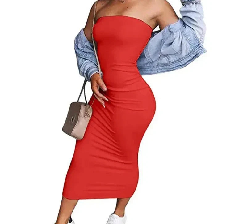 שמלת מידי סטרפלס צמודה בד מחטב - אור לי