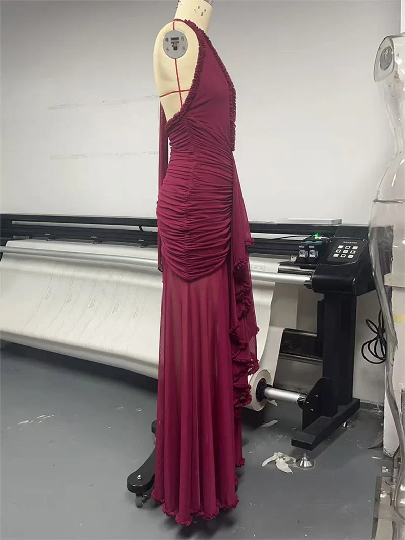 שמלת מקסי שיפון כיווצים מלמלה קשירה בצוואר גב פתוח - MARGARITA