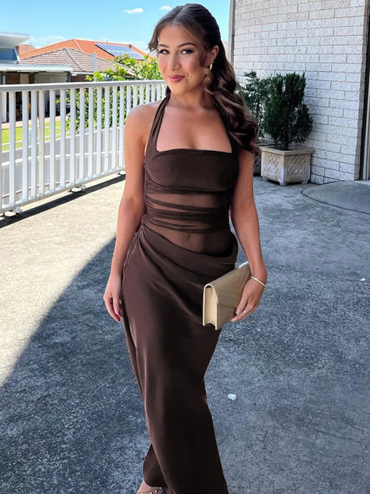 שמלת מקסי סאטן כיווצים בעיצוב רשת בחלק העליון גב פתוח - Arya