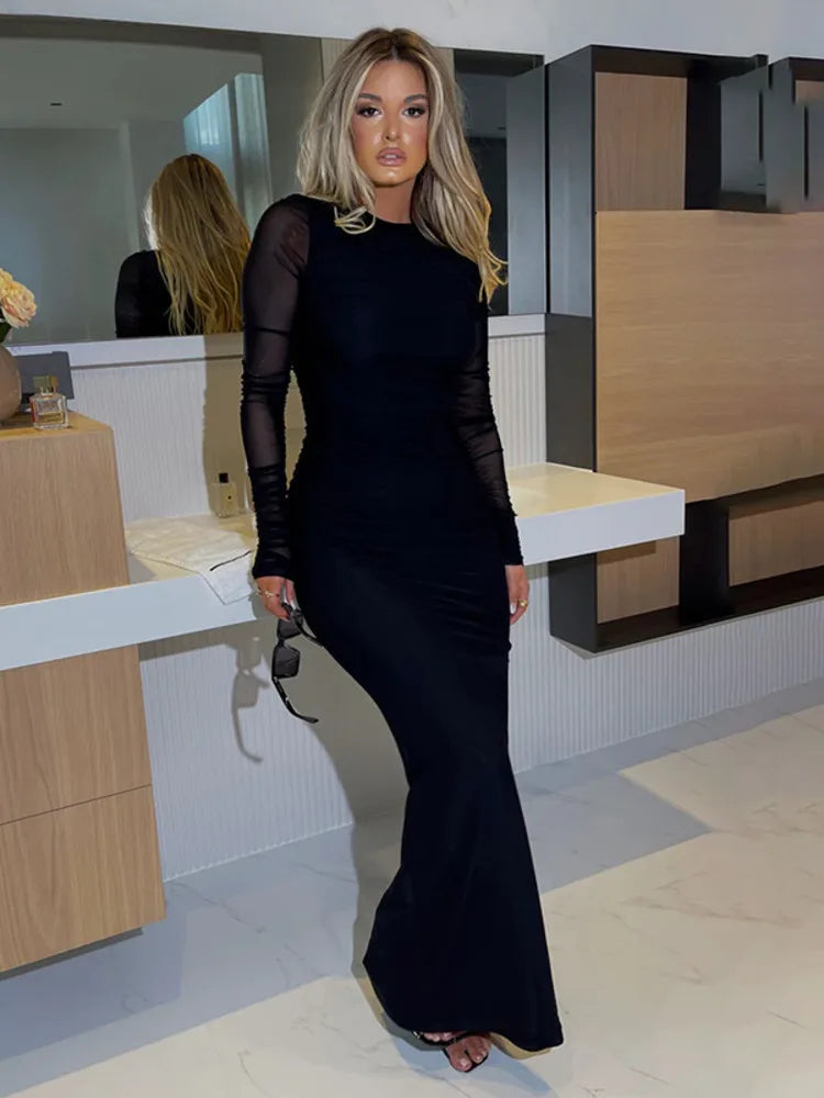 שמלת מקסי כיווצים צמודה שרוולי שיפון - קליאו