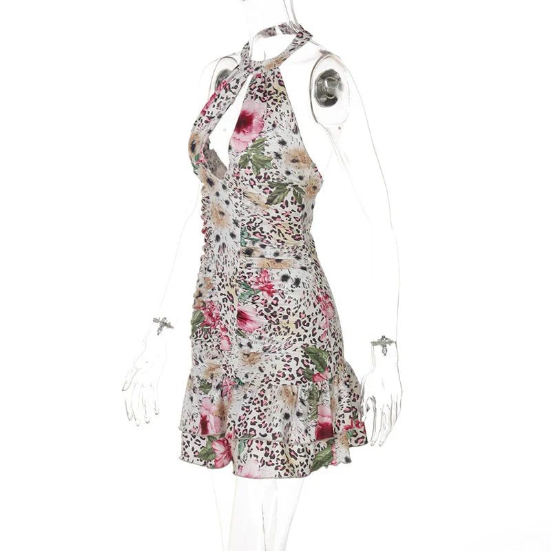 שמלת מיני קולר בהדפס מנומר בעיטור פרחים גב פתוח - צ'ילי