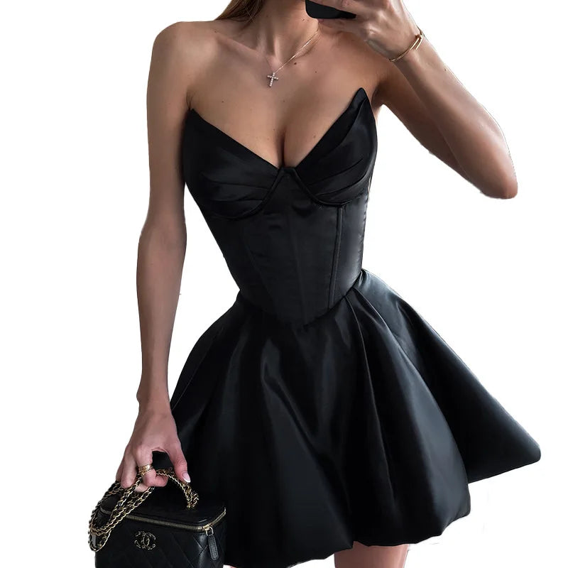 שמלת מיני סטרפלס סאטן בגזרת A - אלינה