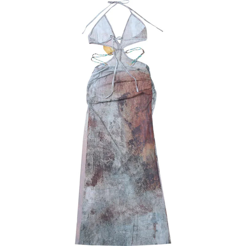 שמלת מקסי שיפון בעיטור שרשראות חרוזים וצדפת זהב - פלישיה