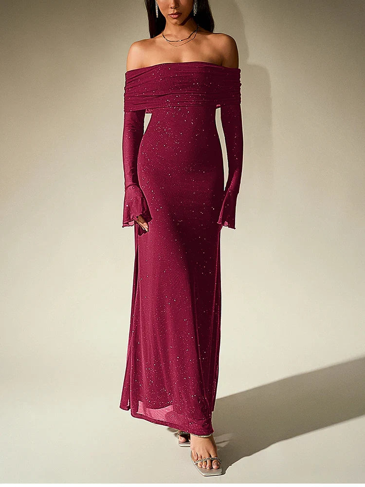 שמלת מקסי נצנצים בעיצוב כתפיים חשופות שרוולי פעמון - מרגריטה