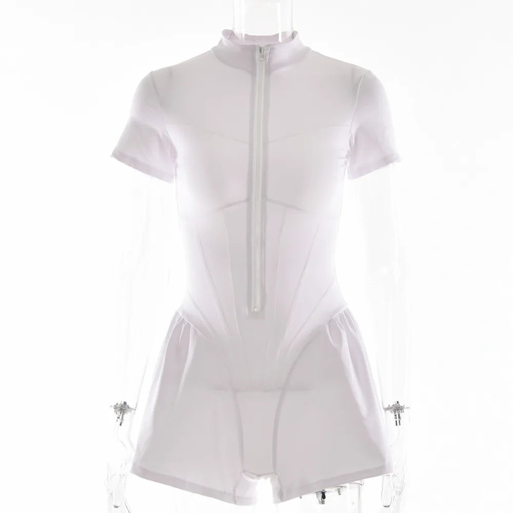 אוברול ספורטיבי קצר בגזר מחוך סגירת רוכסן קדמי - Averie