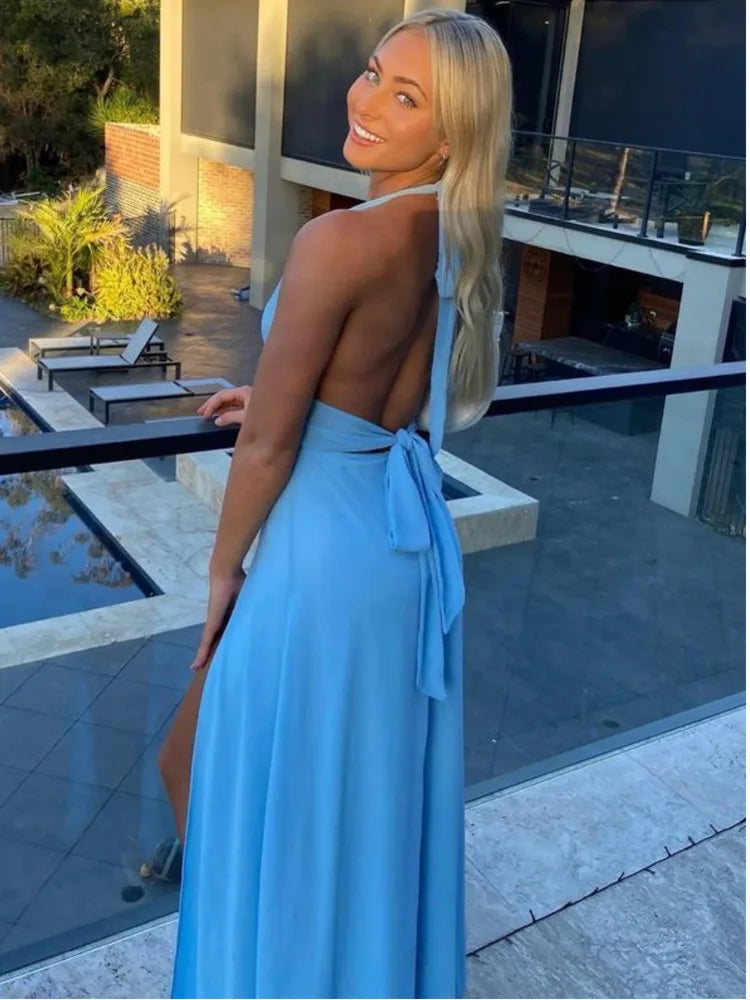 שמלת מקסי מחשוף V שסע עמוק קשירה בגב פתוח - לריאן