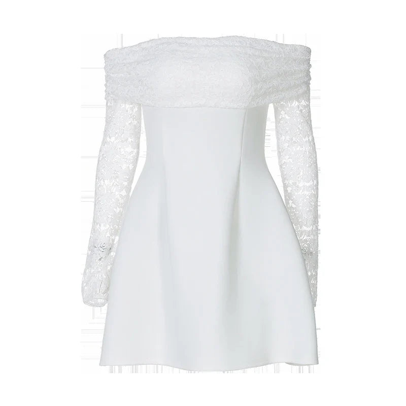 שמלת מיני סאטן כתפיים חשופות שרוולי תחרה - AMALIA