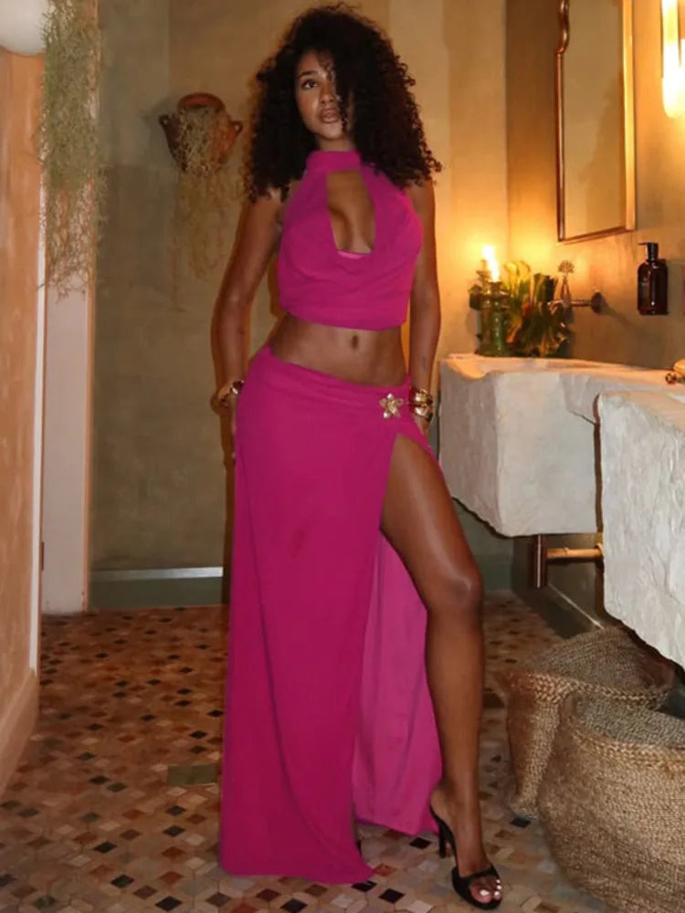 סט שני חלקים טופ וחצאית מקסי בעיצוב שסע בעיטור אבזמי פרח - מלינה