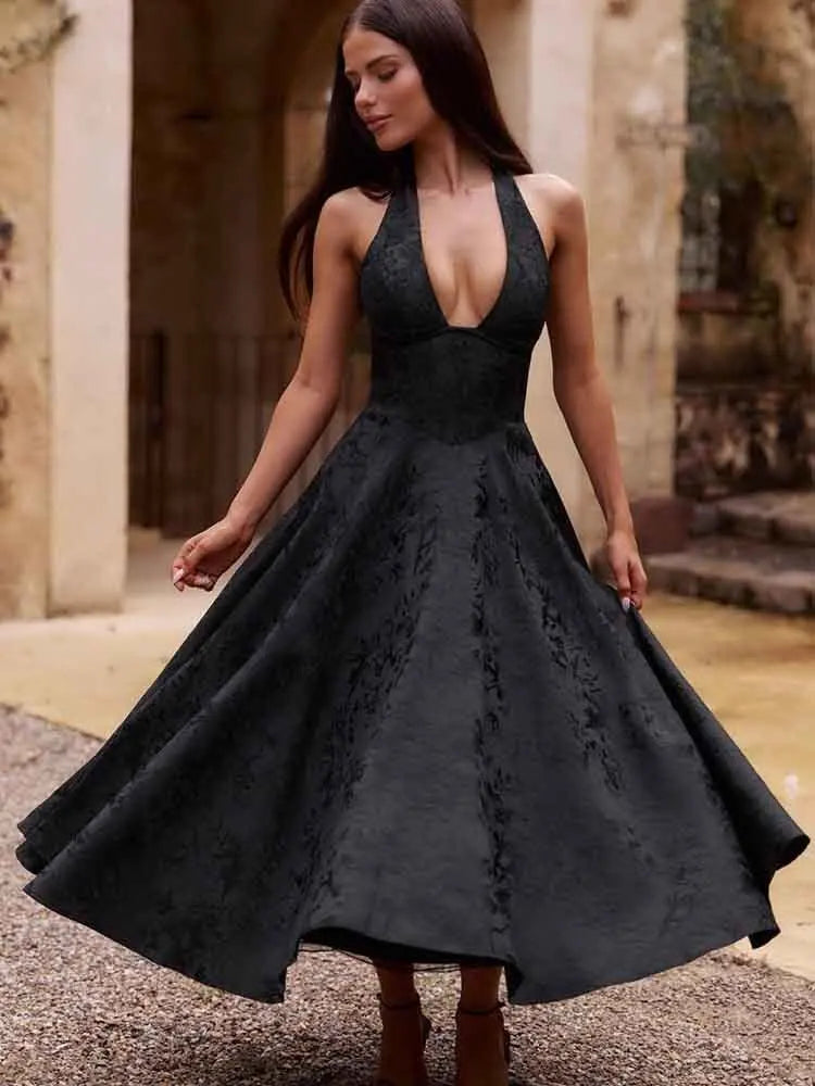 שמלת מידי בגזרת A קשירה בצוואר גב פתוח בעיטור רקמת איורי פרחים - פלורה