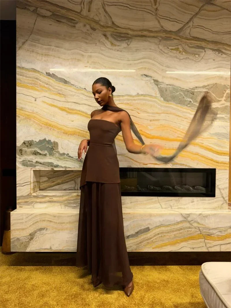 שמלת מקסי סטרפלס חלק תחתון שיפון בעיצוב שסע בעיטור צעיף תואם - Princess