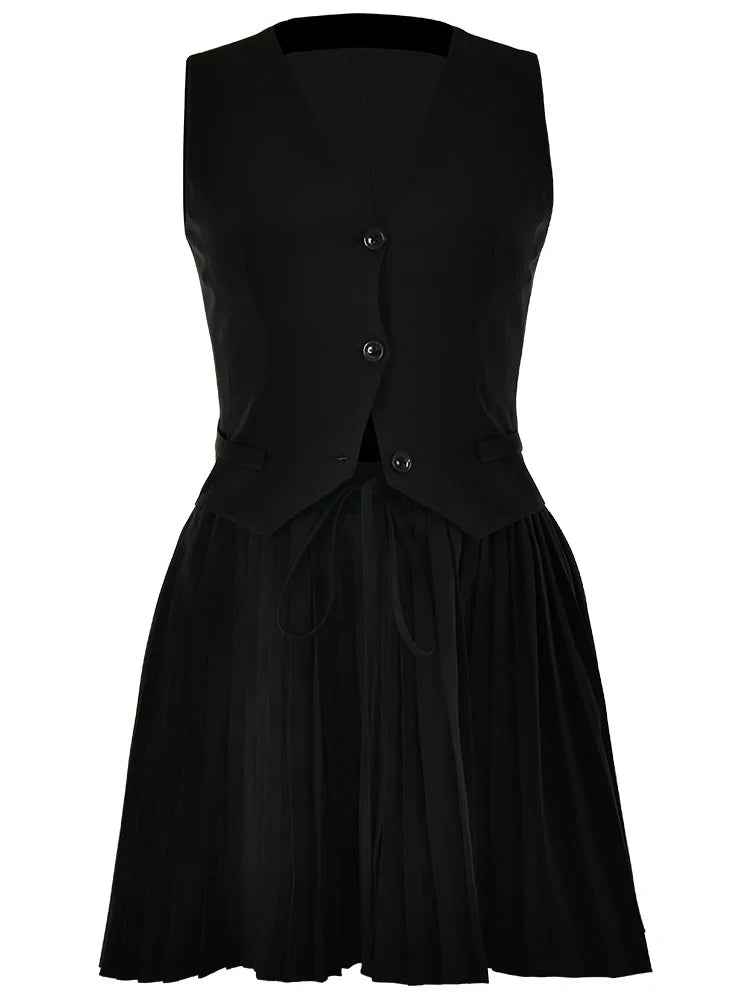 סט שני חלקים מחויט חצאית מיני קיפולים ווסט כפתורים - Jacqueline