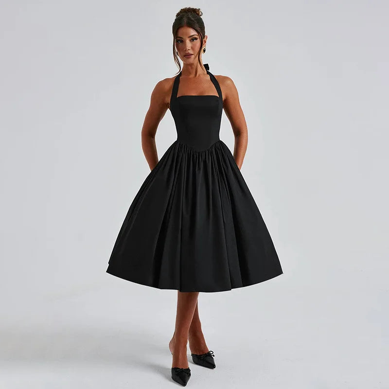 שמלת מידי בגזרת A גב פתוח קשירה בצוואר - Angie