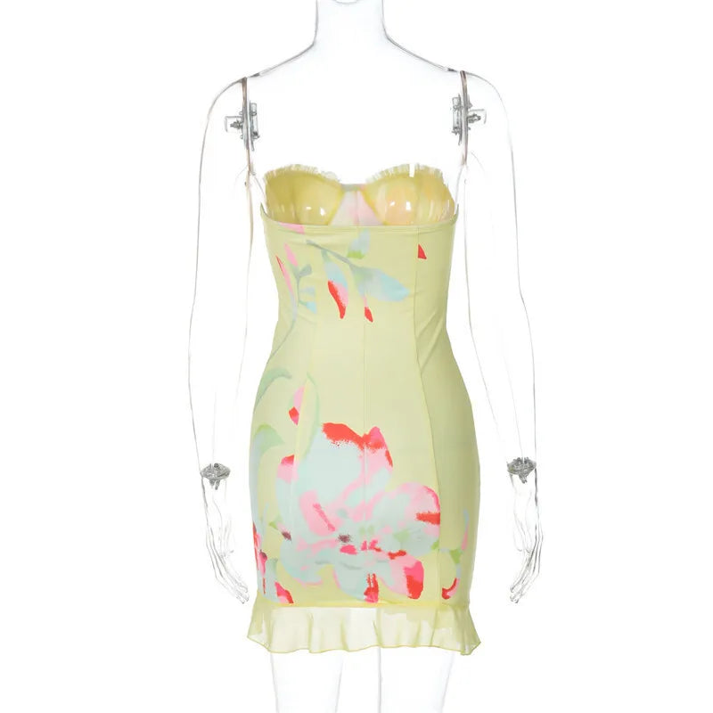 שמלת מיני סטרפלס פרחונית בעיטור מלמלה - Alexa